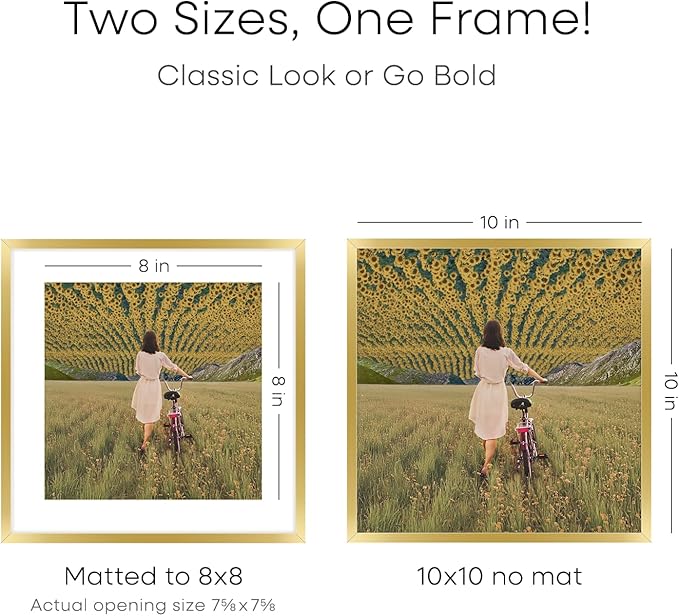 Homeforia Square 10x10 Gold Frame, High End Metal 10 by 10 Picture Frames with Mat 8 x 8, 10by10 Thin Poster Frame Matted to 8x8 inch Photo, Wall or Tabletop Frames, Tempered Glass, Wall Kit, Set of 4