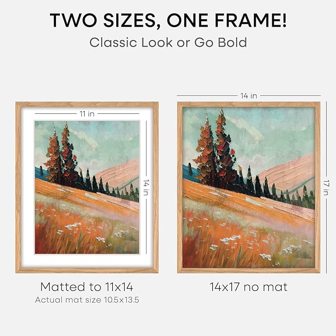 Homeforia 14x17 Natural Oak Wood Picture Frame with 11x14 Mat, Tempered Glass, Wall Hook Included