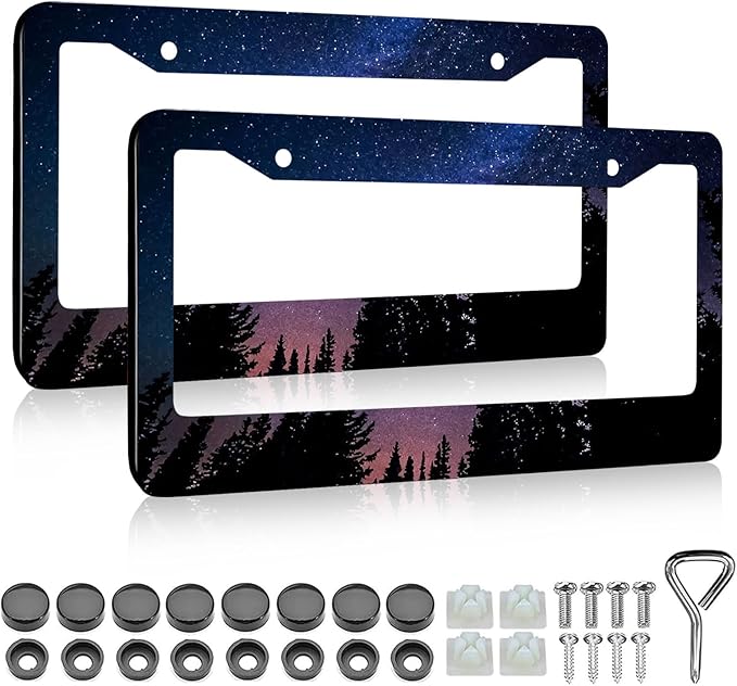 Galaxy Forest License Plate Frame - 2 PCS Personalized Galaxy Starry Sky Aluminum Metal Funny License Plate Frames Covers, Rust-Proof Waterproof Car Decorative Tag Frames for Standard Us 12x6 Inch