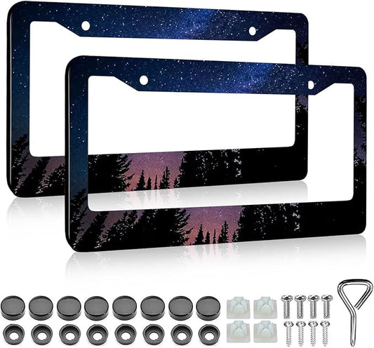 Galaxy Forest License Plate Frame - 2 PCS Personalized Galaxy Starry Sky Aluminum Metal Funny License Plate Frames Covers, Rust-Proof Waterproof Car Decorative Tag Frames for Standard Us 12x6 Inch