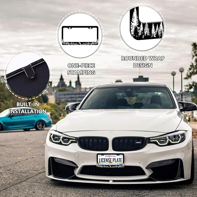 Coniferous Forest Tree License Plate Frames - 2 PCS Patriotic Aluminum Metal License Plate Frames Holder, Car Decorative Tag Frames with Screws Fasteners Caps