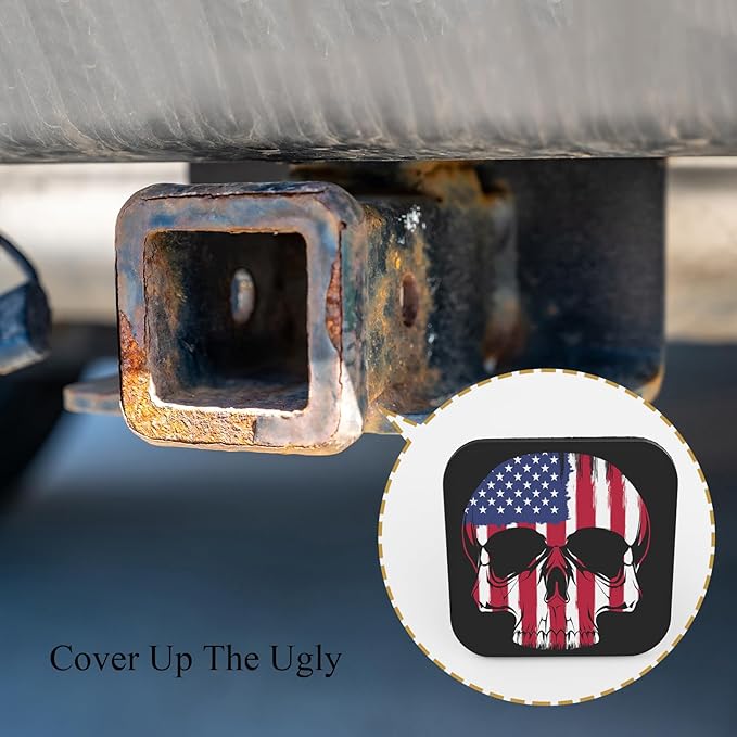 Skull USA Flag Trailer Hitch Receiver Cover Cap Head Skeleton American Star Stripe Car 2" Trailer Cover Tow Hitch Covers Tube Plug Square Mouth Protection Cover 2 Inch