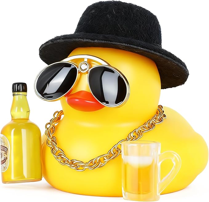 Rubber Ducks Car Decorations, Funny Duck with Black Top Hat Gold Necklace Sunglasses Beer Glass and Bottle, Squeaky Dashboard Decor Accessories for Car Interior, DIY Office Home Decor Gift