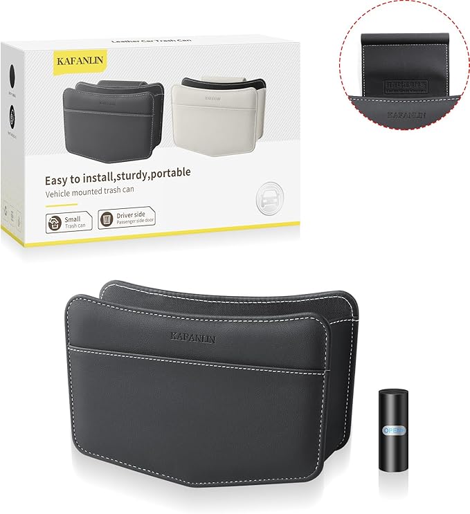 Car Trash Can Small Leather Vehicle Trash Bin Car Dustbin Garbage Organizer Holder with Trash Bag Foldable Mini Cars Storage Bag Container for Auto SUV Van Trucks (Black,Glovebox Hanging)