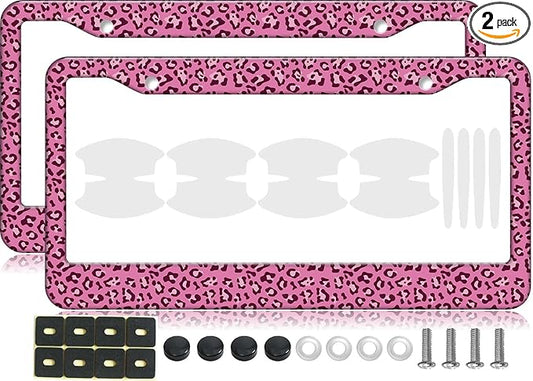 2PCS Pink Leopart Pattern License Plate Frames for Men Women - Universal Aluminum Stainless Steel Cheetah Personalized Car Tag Covers Holder with Screws, Caps, Rattle Proof Pads and Handlebar Stickers