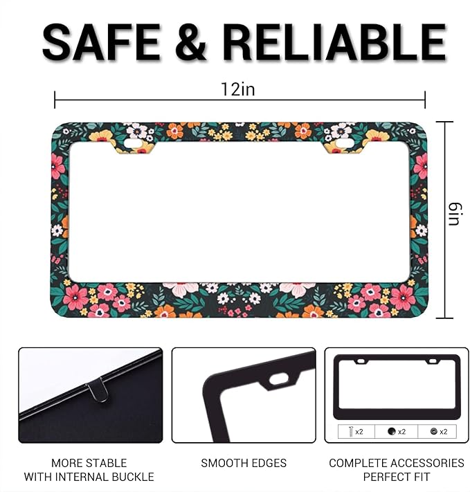 Folk Floral License Plate Frame, Colorful Flowers Women License Plate Cover, Aluminum License Plate Holder, Auto Parts Decoration 2 Holes with Screws 6 X 12 in