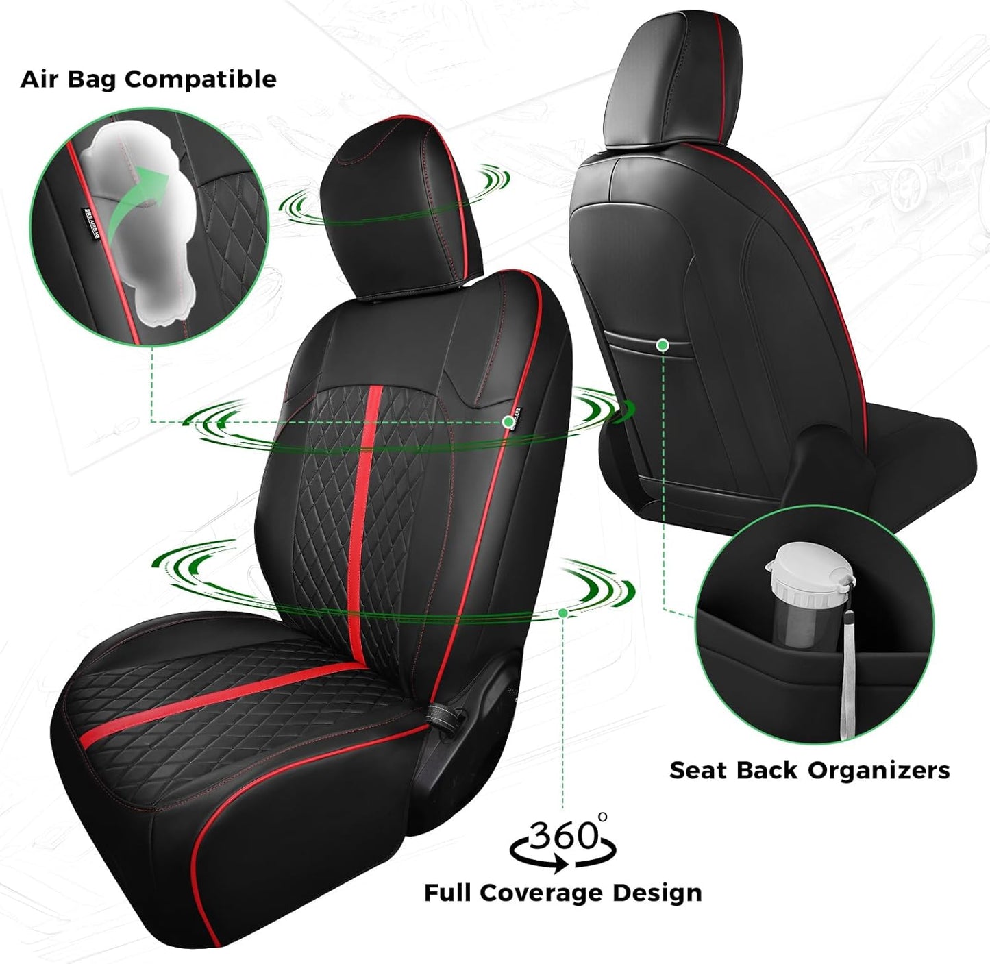 for Jeep Wrangler Seat Covers 4Door JL 2018 2019 2020 2021 2022 2023 2024 2025, Custom Car Seat Cover Full Set, Luxury Waterproof Leather Seat Protectors, Black Red Trim, W/O Rear Cup Holder