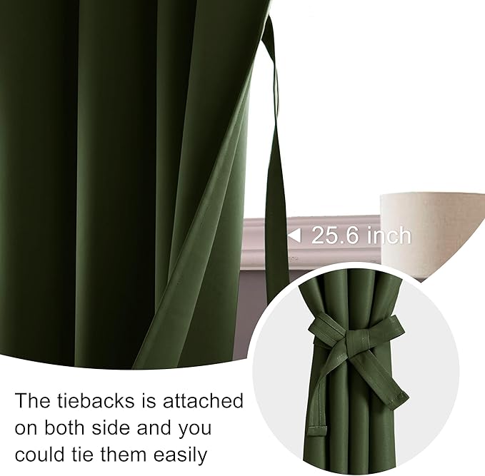 JIUZHEN Christmas Blackout Curtains for Bedroom - Thermal Insulated Room Darkening Noise Reducing, 52 x 45 Inch Length Curtains for Living Room, Set of 2 Panels with Tiebacks, Olive Green
