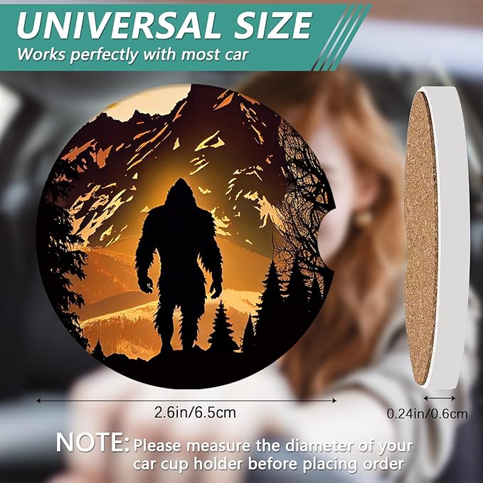 2 Pack Car Cup Holder Coasters - Bigfoot Mountains Forest Moon Absorbent Ceramic Coaster, Car Coasters for Cup Holders, Car Interior Accessories for Women Men