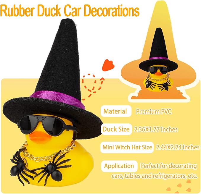 Car Rubber Duck Ornaments Halloween Duck Car Dashboard Decorations with Mini Witch Hat Sunglasses Necklace Halloween Accessories for Halloween Themed Gifts(W10-B&Purple Ribbon)