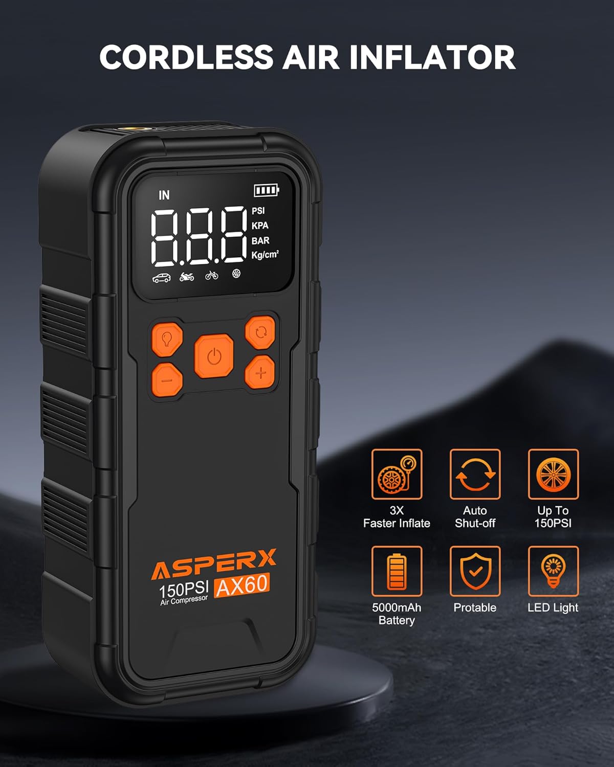 Tire Inflator Portable Air Compressor, 150PSI Cordless Air Pump for Car Tires, 3X Faster Air inflator Tire Pump with Digital Pressure Gauge and Emergency LED Light for Motorcycle Bike Ball Car