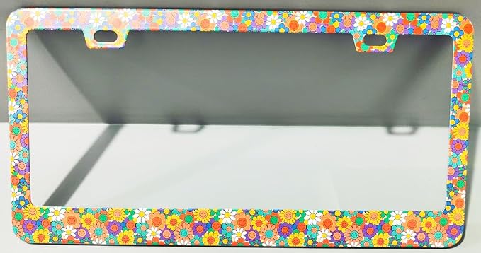 2pcs Colorful Smiling Floral License Plate Frame for Women, Funny Smile Flowers car Decorative tag Frames Girly, Funny Smiley Floral License Plate Cover Holder for Vehicle with car Keychain tag