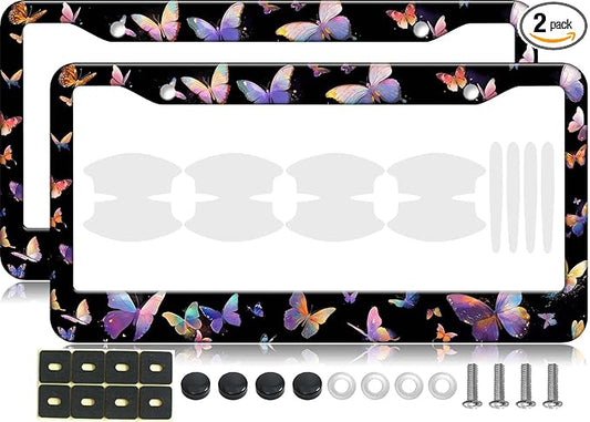 2PCS Beautiful Butterfly Pattern License Plate Frames for Men Women - Universal Aluminum Stainless Steel Personalized Car Tag Covers Holder with Screws, Caps, Rattle Proof Pads and Handlebar Stickers