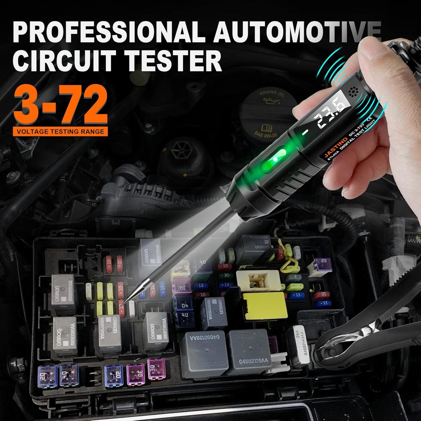 Heavy Duty 3-72V Digital LED Automotive Test Light, Circuit Tester with Polarity Indicate and Illuminating Lights, Car Truck Low DC Voltage Light Tester with Stainless Probe & 142 Inch Extended Wire