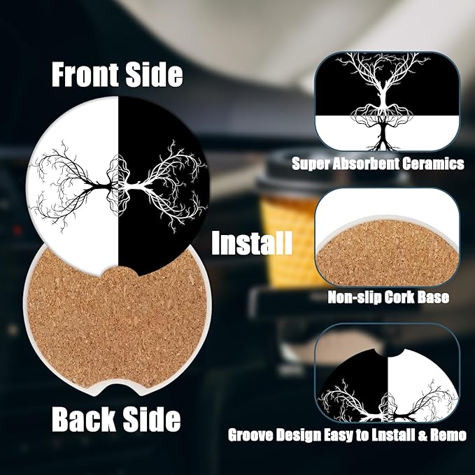 Car Cup Holder Coaster - Yin Yang Tree of Life Absorbent Ceramic Coaster 2 Pack, Car Coasters for Cup Holders, Fashion Car Interior Accessories Drink Coaster for Women & Men