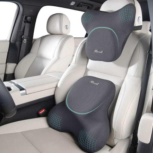 FLORICH Car Lumbar Support Pillow and Neck Headrest Pillow for Office Chair, Ergonomic Memory Foam, Relieves Neck, Back Pain, Pressure-Relieving Back Support for Car, Office Chair & Wheelchair – Gray