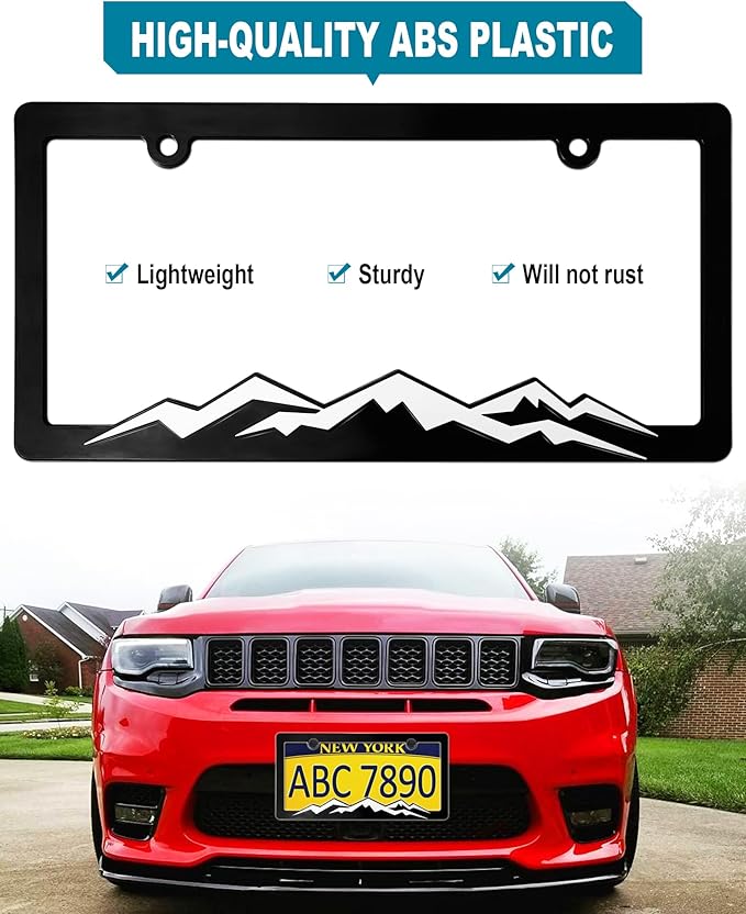 Mountain License Plate Frames- White on Black 3D Mountain Raised, ABS Plastic Car Tag Holder | Includes Rust-Proof Screws, Caps & Free Vinyl Decal Sticker
