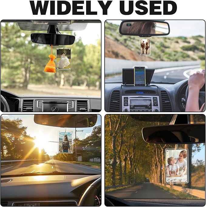 4Pcs Car Hanging Photo Holder, Universal Magnetic Holder with Chain Rear View Mirror Accessories Car Picture Frame Personalized Acrylic Transparent Ornaments Decor for Dads Gift
