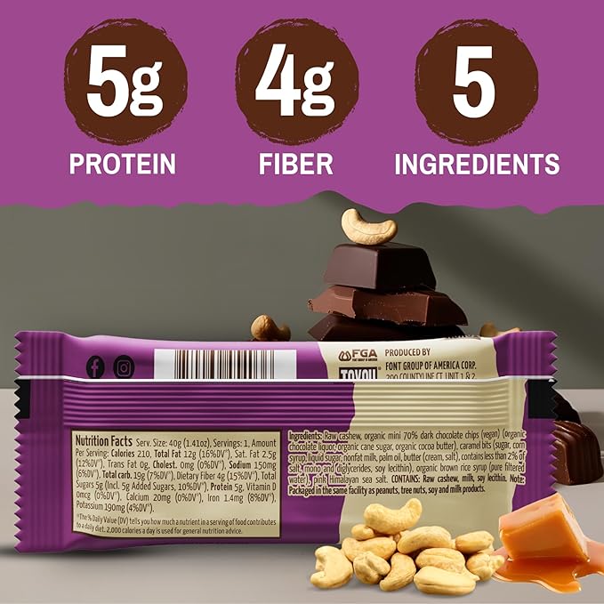 ToYou Chewy Fruit and Nut Bars - Healthy Protein Snacks | Salted Caramel Dark Chocolate - 1.41 Ounce (Pack of 12) | Soft Chewy, Fiber-packed Granola Bars for Adults and Kids, Made with Natural Ingredients