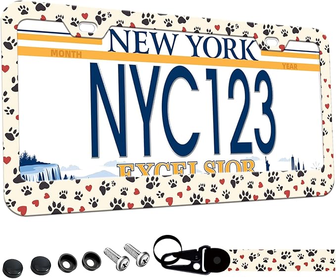 1-Pack Dog Cat Paw License Plate Frames for Women Man, 2 Holes Cute paw Print Aluminum License Plate Holder, Pink Heart License Plate Cover fits US Vehicles 12.3" x 6.3" with Keychain Wrist Lanyard