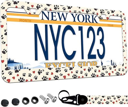 1-Pack Dog Cat Paw License Plate Frames for Women Man, 2 Holes Cute paw Print Aluminum License Plate Holder, Pink Heart License Plate Cover fits US Vehicles 12.3" x 6.3" with Keychain Wrist Lanyard