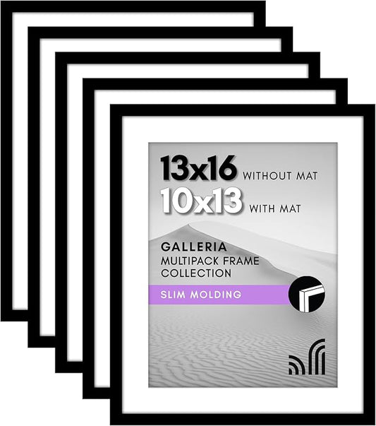 Americanflat 13x16 Picture Frame with Polished Plexiglass - Set of 5 - Use as 10x13 Frame with Mat or Display 13x16 Photo Without Mat - Galleria Collection - Picture Frames for Wall Display - Black