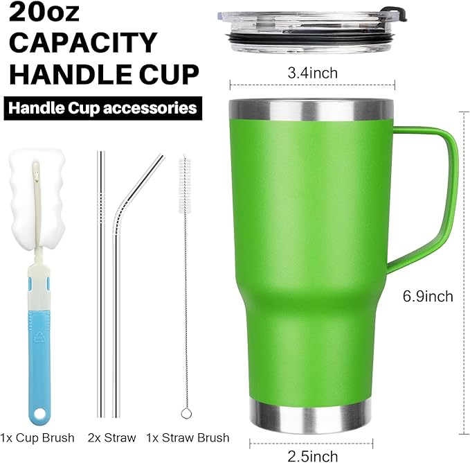 20 oz Tumbler with Handle, Stainless Steel Insulated Tumbler with Lid and Straw, Double Wall Vacuum Insulated Coffee Mug Tumbler, Insulated Coffee Thermal Cup for Cold and Hot (Bright Green)