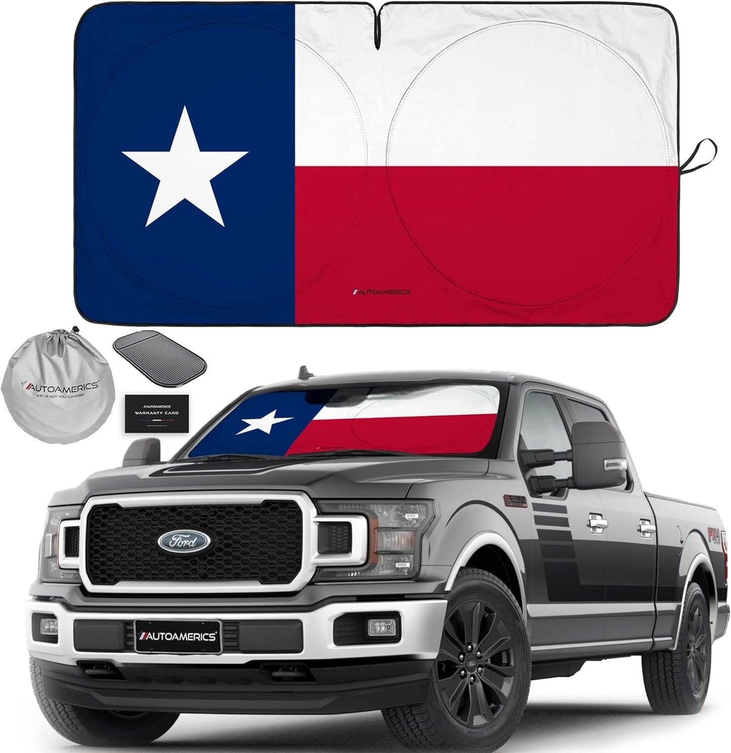 Autoamerics Truck Windshield Sun Shade with Storage Pouch & Anti-Slip Dash Pad - Foldable USA Texas Flag Design - Fits Most SUVs & Truck - Blocks UV Rays and Keeps Vehicle Cool | X-Large (66x 36 in)