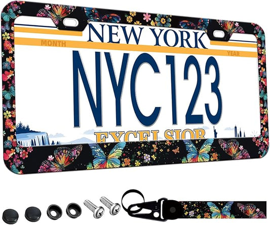 1-Pack Colorful Butterfly Floral License Plate Frames for Women Man, 2 Holes Butterflies Floral Aluminum License Plate Holder, Flower License Plate Cover fits Vehicles with Keychain Wrist Lanyard