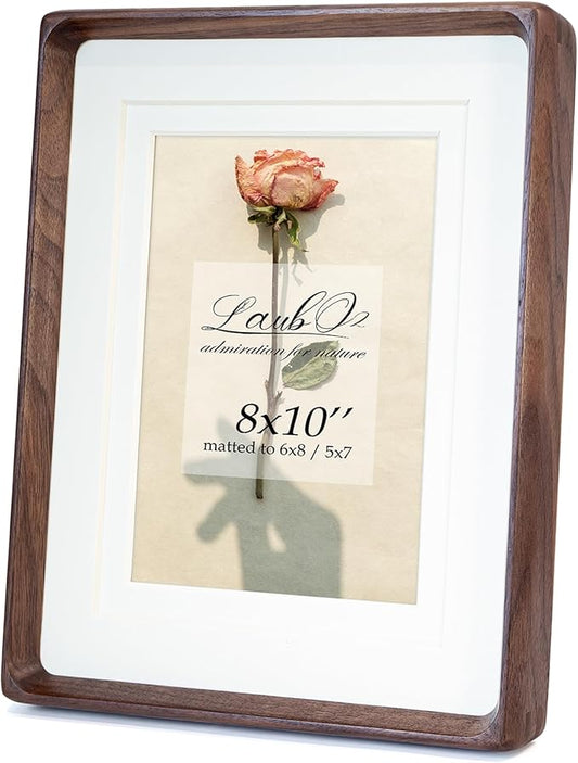 8x10 Wooden Picture Frame with Double Mat - Natural American Black Walnut Wood Photo Frame Matted to 6x8 & 5x7 | Tabletop & Wall | Brown