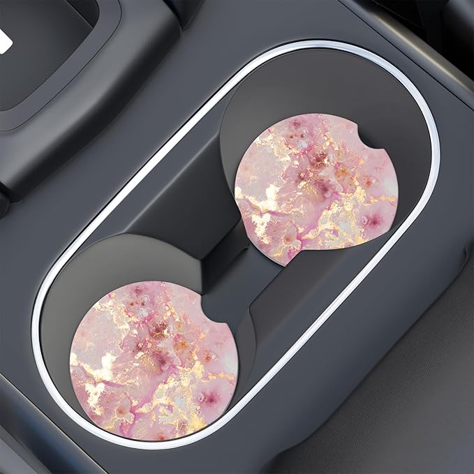Car Cup Holder Coaster, Car Coasters for Cup Holders, 4 Pack Universal Anti Slip Insert Absorbent Ceramic Auto Interior Accessories with A Finger Notch & Cork Base, Golden Pink Marble
