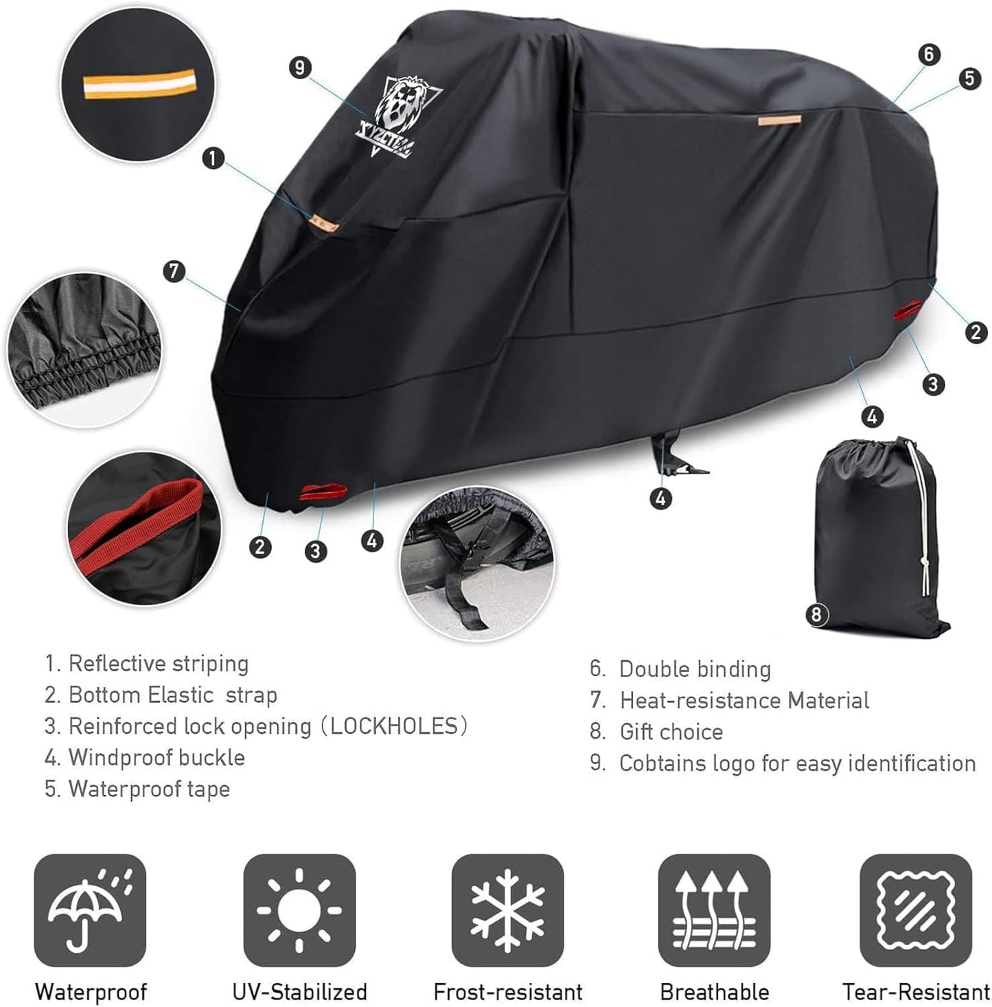 XYZCTEM Motorcycle Cover -Waterproof Outdoor Storage Bag,Made of Oxford Material Fits up to 96 inch, Compatible with Harley Davison and All Motors(Black& Lockholes& Professional Windproof Strap)
