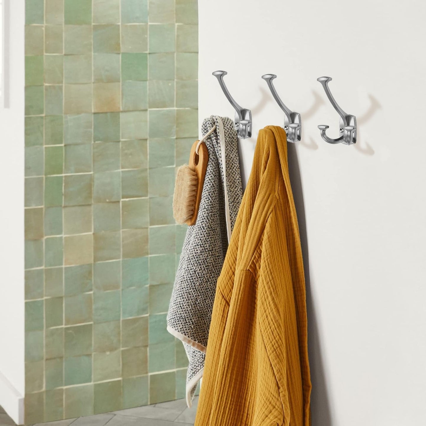 Large Wall Double-Sided Hook 5 Pack Brushed Satin Nickel Hook Decorative Heavy Duty Solid Large Coat Hooks for Towel Hanging Coats Robe Towel Bags Door Back 2 Prong Hooks