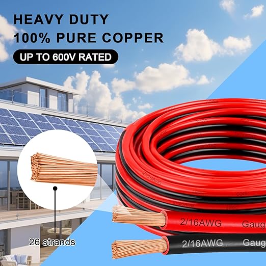 16 Gauge Wire 100 Feet, 16/2 AWG Pure Copper Wire, 8AWG 2 Conductors Red Black Oxygen Free Stranded Low Voltage Wire for Solar Panel, Automotive, Audio Auto, LED Lighting(16 AWG 100FT)