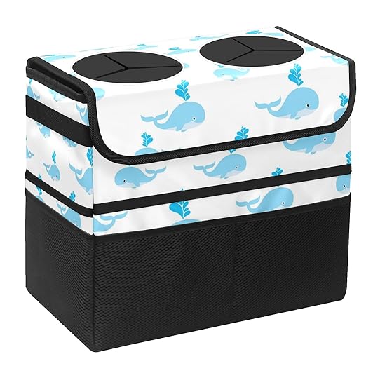 Car Trash Can White Blue Whale Fish Large Storage Garbage Can with Lid Hanging for Back Seat Leakproof Automotive Vehicle Trash Bin