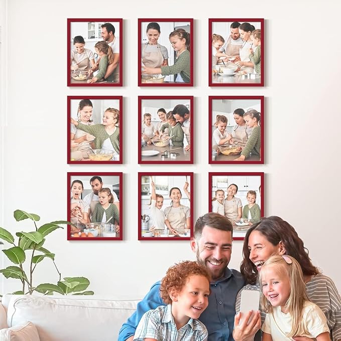Renditions Gallery Set of 9, 8X10 Custom Photo Prints with Real Wood Picture Frames. Create Personalized Photos with Peel & Stick Photo Frames. Red Frame