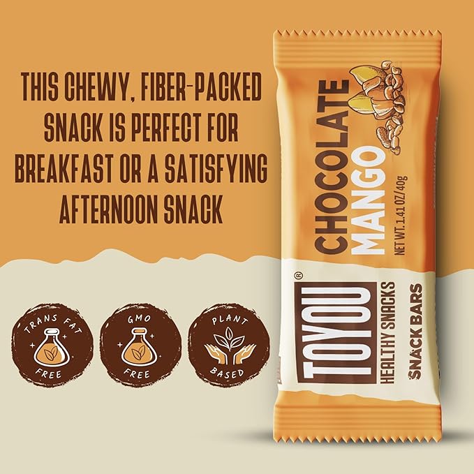 ToYou Chewy Fruit and Nut Bars - Healthy Protein Snacks | Chocolate Mango - 1.41 Ounce (Pack of 12) | Soft Chewy, Fiber-packed Granola Bars for Adults and Kids, Made with Natural Ingredients