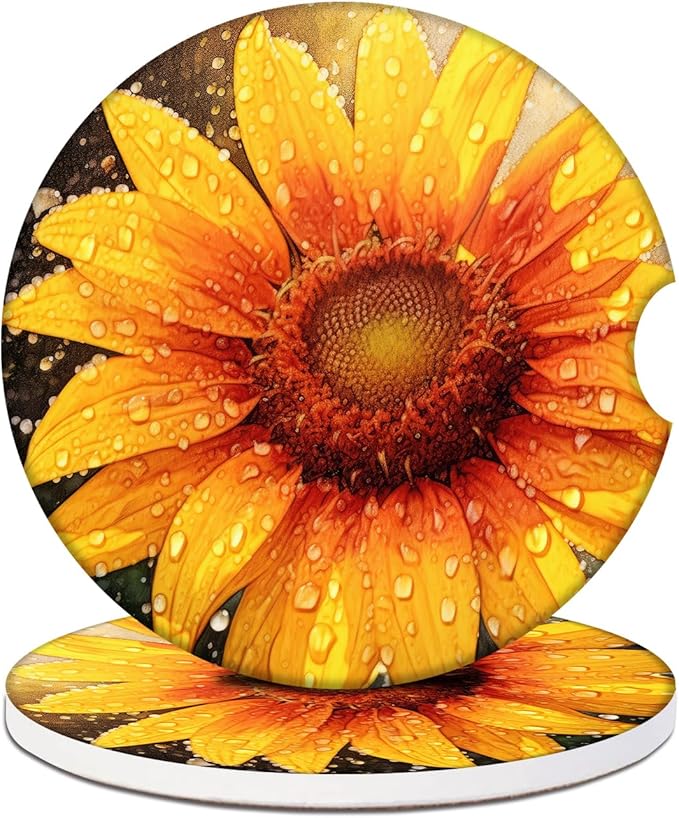 2 Pack Car Cup Holder Coasters - Sunflower Raindrops Absorbent Ceramic Coaster, Car Coasters for Cup Holders, Car Interior Accessories for Women Men