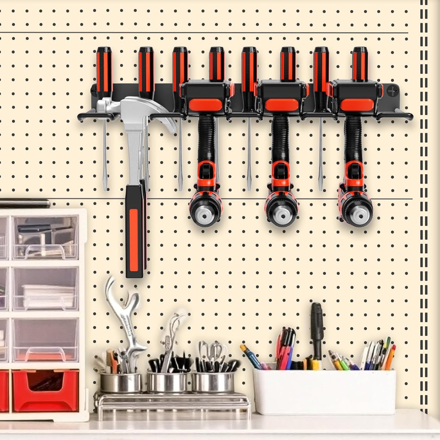 Drill Holder Power Tool Organizer Wall Mount, 4 Cordless Drill Racks with Screwdriver Hole, Heavy Duty Metal Garage Tool Organizer Storage for Tool Room Workshop Basement(1 Tier Black)