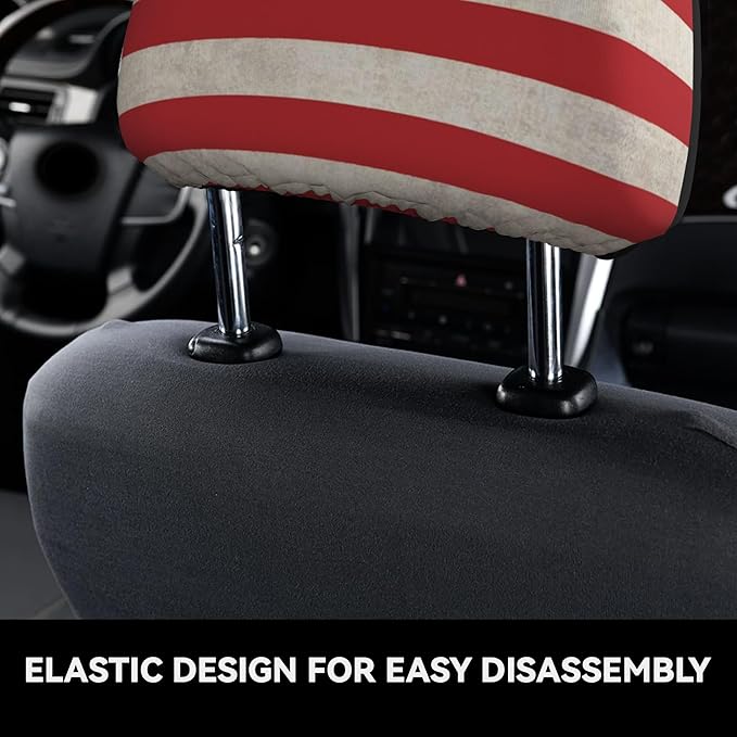 American Flag Skull Car Headrest Covers 2 Pack – Double-Sided Patriotic Skull & USA Flag Design – Universal Fit Stretch Seat Headrest Protector for Cars, SUVs, Trucks