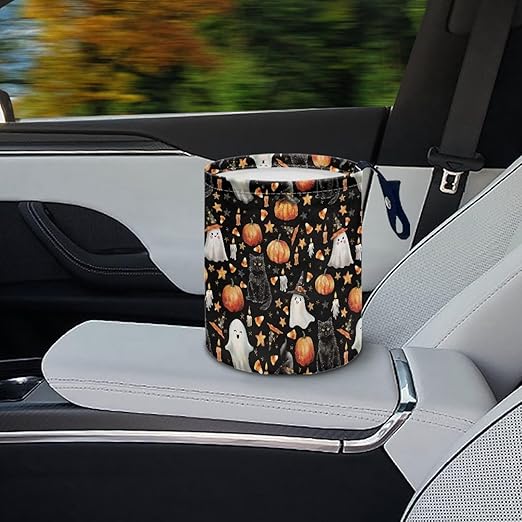 Halloween Ghost Black Cat Pumpkin Car Trash Bin Folding Vehicle Garbage Small Mini Front Back Seat Rubbish Basket with Strap Travel Garbage Organizer Bag Accessories, Keep Tidy