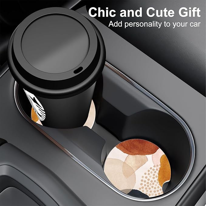 Car Cup Holder Coaster, Car Coasters for Cup Holders, 4 Pack Universal Anti Slip Insert Absorbent Ceramic Auto Interior Accessories with A Finger Notch & Cork Base, Simple Abstract Art