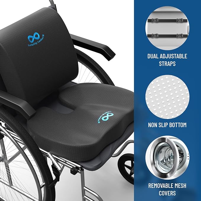 Everlasting Comfort Doctor Recommended Memory Foam Seat Cushion for Office Chairs & Car Seat - Ergonomic Office Desk Accessories for Tailbone Pain Relief, Sciatica & Back Support