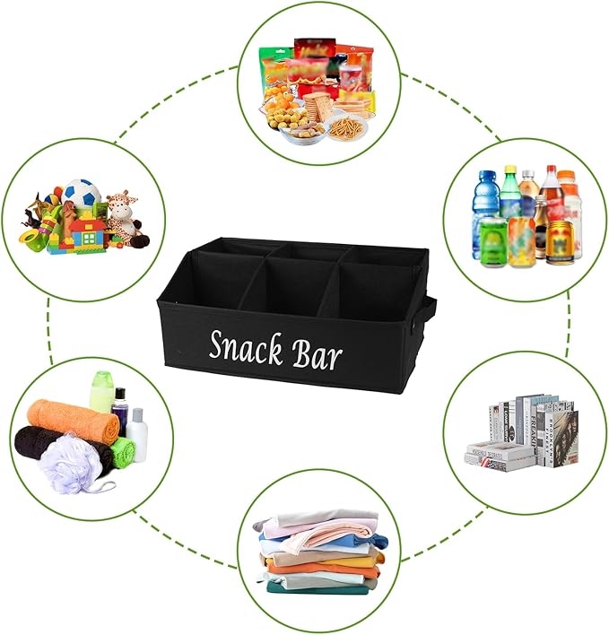 Snack Organizer for Countertop, 6 Compartment Snack Storage with Side Handles, 2 Pack Fabric Snack Basket Container, Lightweight Snack Bar Station Organizer, Kitchen Pantry Storage - Black