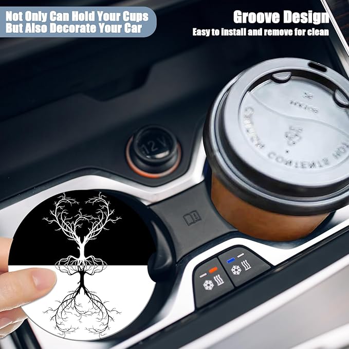 Car Cup Holder Coaster - Yin Yang Tree of Life Absorbent Ceramic Coaster 2 Pack, Car Coasters for Cup Holders, Fashion Car Interior Accessories Drink Coaster for Women & Men