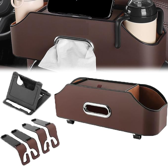 Firmstaunch Car Backseat Organizer - 2025 Best 3-in-1 Car Seat Organizer with Cup Holders, Tissue Box & Hooks | Waterproof Leather Backseat Storage for Family, SUV & Road Trip Essentials (Brown)