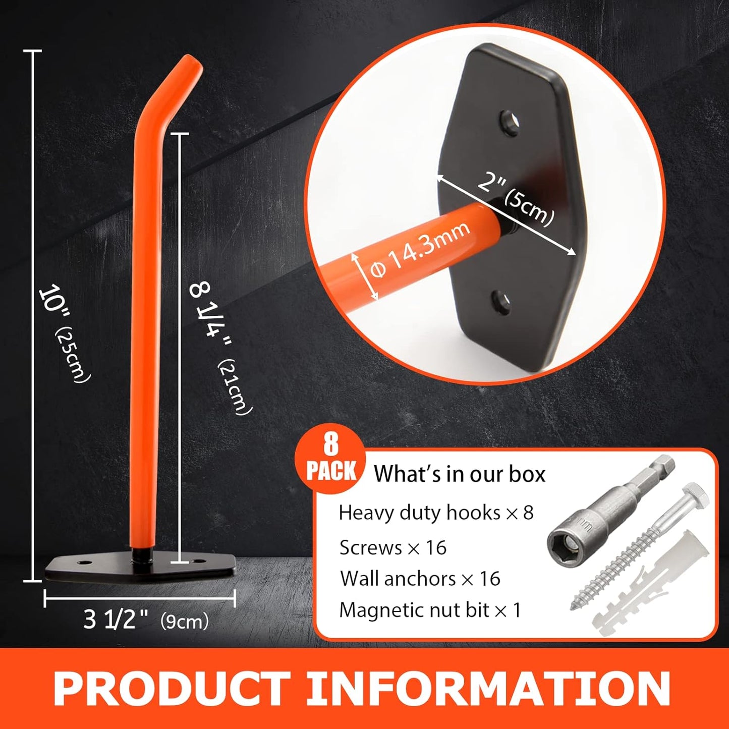 8 PCS Garage Hooks Heavy Duty Wall Mount, Tire Storage System with Anti-Slip Coating, Hang Heavy Tools for up to 88Lbs, for Bikes, Ladders, Chairs and Bulky Tools