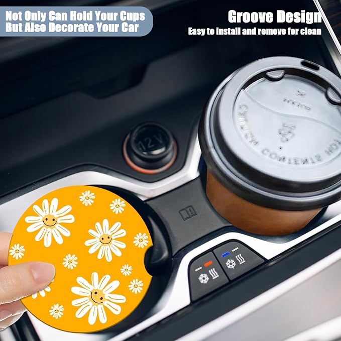 Car Cup Holder Coaster - Groovy White Sunflower Smiley Face Absorbent Ceramic Coaster,Yellow Drink Cup Holder Coasters, Auto Interior Accessories, Drink Cup Holder Coasters for Women & Men Pack of 2