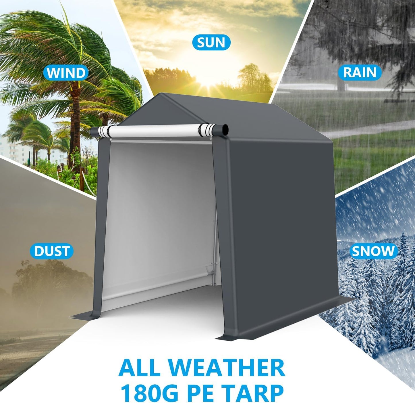 6x8FT Outdoor Storage Shelter Carport, Portable Shelter Heavy Duty Storage Shed Carport with Roll-up Zipper Door for Bike, Motorcycle, Garden Storage, Waterproof and UV Resistant, Gray