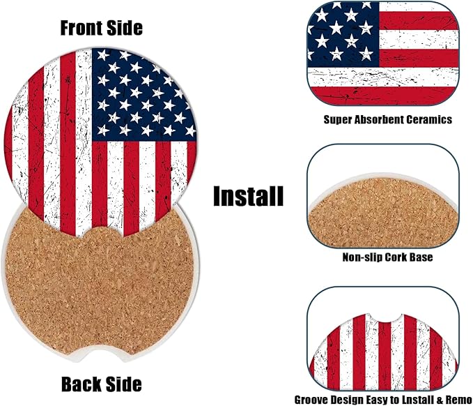 Car Cup Holder Coaster - American Flag Absorbent Ceramic Coaster, Car Coasters for Cup Holders, Auto Accessories for Women & Men, Pack of 2